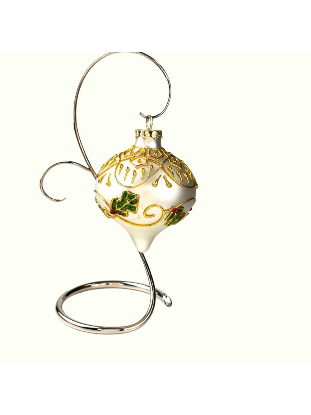 Hand-Painted Glass Christmas Ornament With Gold & Green Holly Design 4 Inches Ta